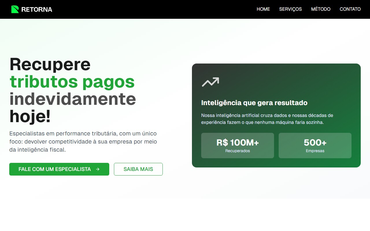 Site da Retorna, página inicial